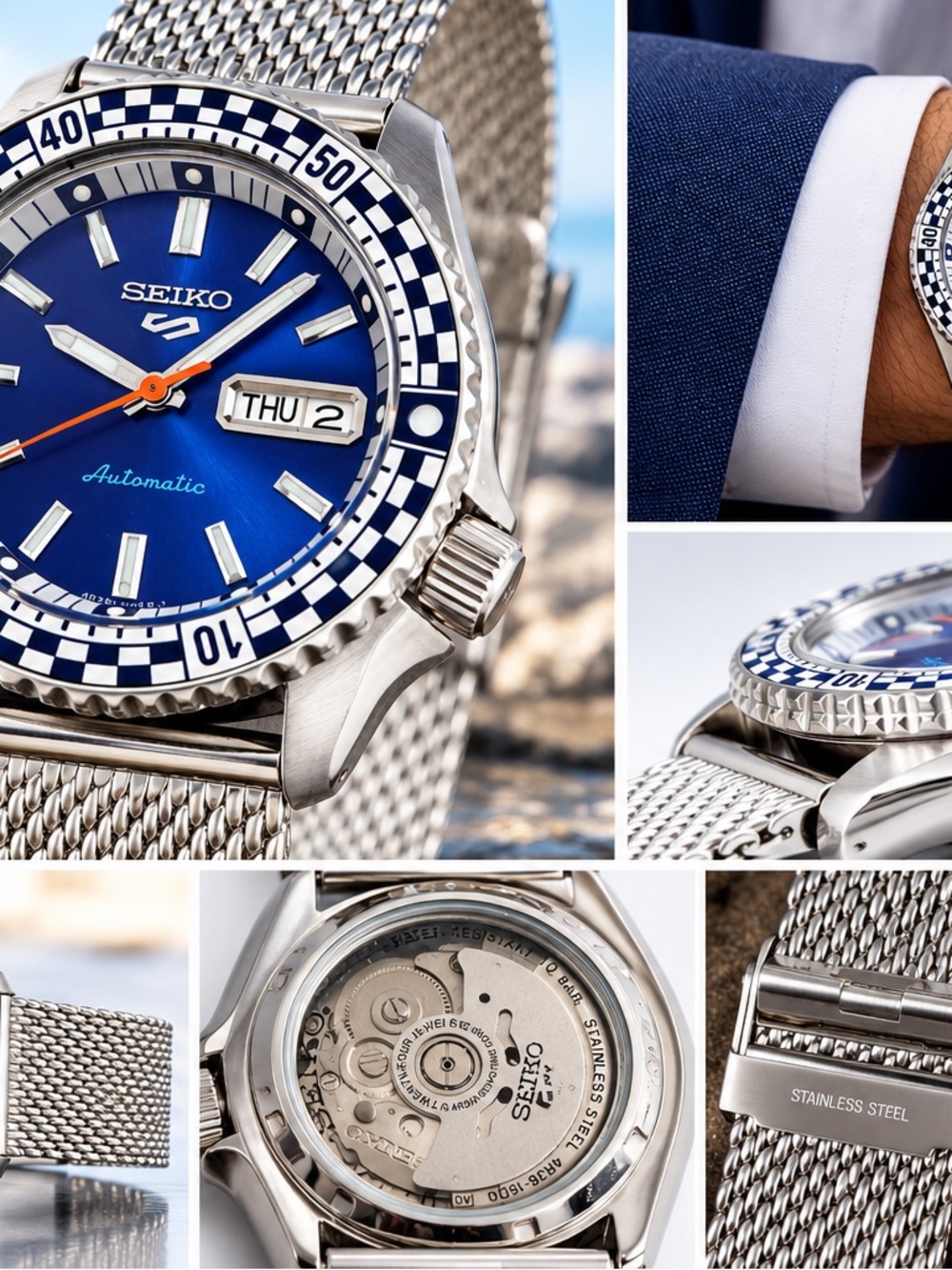 Seiko Blue Dial Watch with Orange Seconds Hand and Stainless Mesh Bracelet